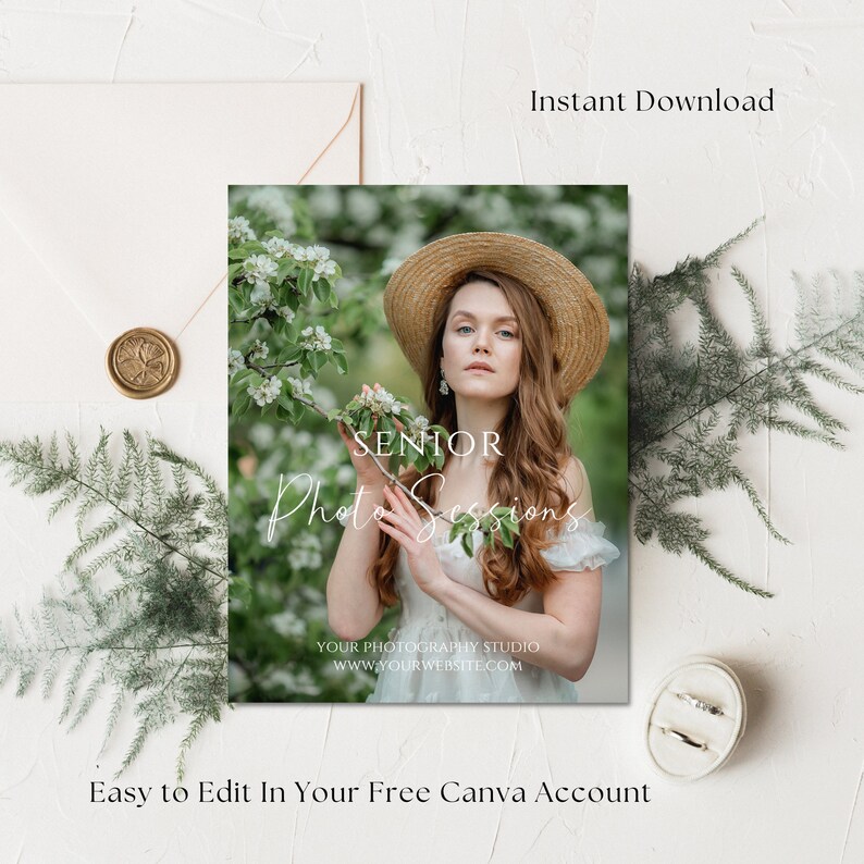 May include: A white card with the text "SENIOR Photo Sessions" in a cursive font. The card features a photo of a woman wearing a straw hat and a white dress, standing in a garden with blooming flowers. The text "YOUR PHOTOGRAPHY STUDIO WWW.YOURWEBSITE.COM" is at the bottom of the card.