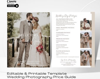 May include: A wedding photography pricing guide with a couple in the background. The guide lists different wedding photography packages with varying hours of coverage and prices. The packages include: Small Wedding Package, Standard Package, Premium Package, Gold Package, and Platinum Package.