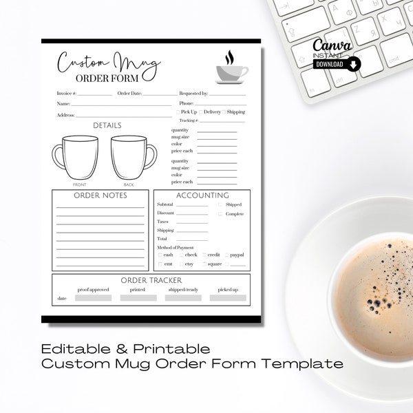 Editable Mug Order Form, Custom Mug Order Form, Printable Coffee Cup Order Form, Small Business Forms, Order Form Template, Order Tracker