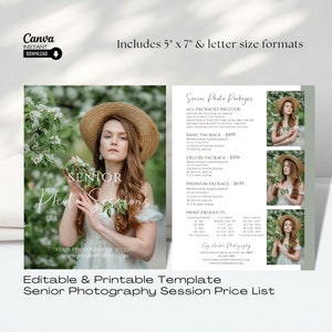 May include: A printable template for senior photography session price lists. The template features a green and white color scheme with a floral background. It includes different package options with prices and descriptions. The text "Senior Photo Sessions" is written in a cursive font.