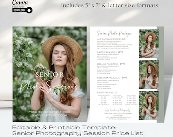 Guide des tarifs pour la photographie senior : modèle Canva modifiable (5 x 7 pouces et lettre)