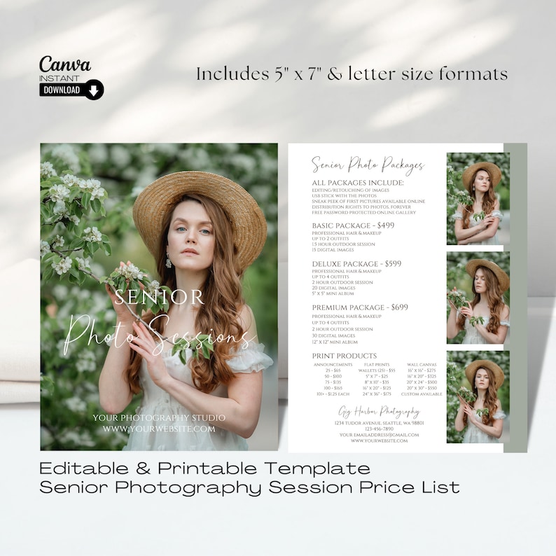 May include: A printable template for senior photography session price lists. The template features a green and white color scheme with a floral background. It includes different package options with prices and descriptions. The text "Senior Photo Sessions" is written in a cursive font.