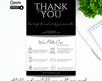 Wax Melt Care Card Template: Editable Instructions, Thank You (Canva)