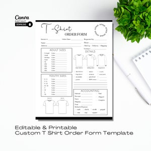 May include: A printable T-shirt order form template with sections for adult and youth sizes, color choices, details, and accounting. The form includes a visual representation of a T-shirt with options for short sleeve, long sleeve, with pocket, crew neck, and v-neck.