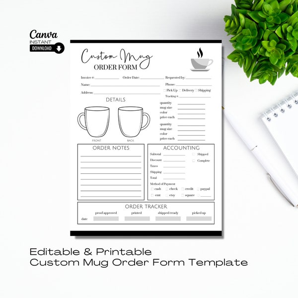 Editable Mug Order Form, Custom Mug Order Form, Printable Coffee Cup Order Form, Small Business Forms, Order Form Template, Order Tracker