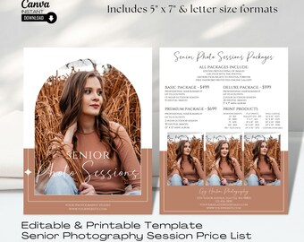 Guide des tarifs pour la photographie senior : modèle Canva modifiable (5 x 7 pouces et lettre)