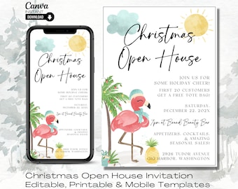May include: A Christmas Open House invitation with a pink flamingo wearing a blue hat and scarf. The invitation features a watercolor background with palm trees and a yellow sun. The text reads "Christmas Open House" and includes the date, time, and location of the event.
