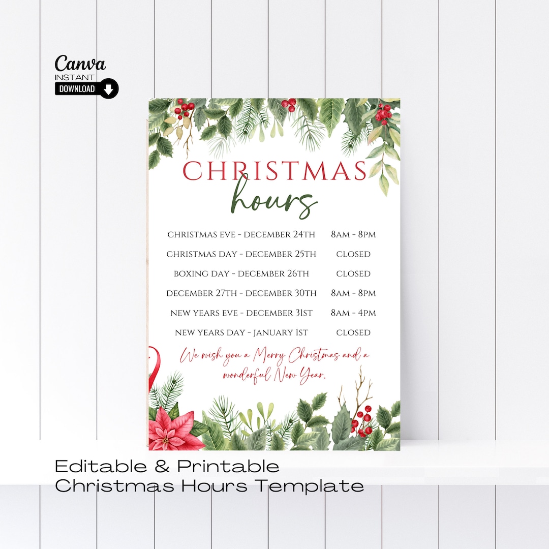 Editable Christmas Store Hours Sign: Holiday Business Template (digital