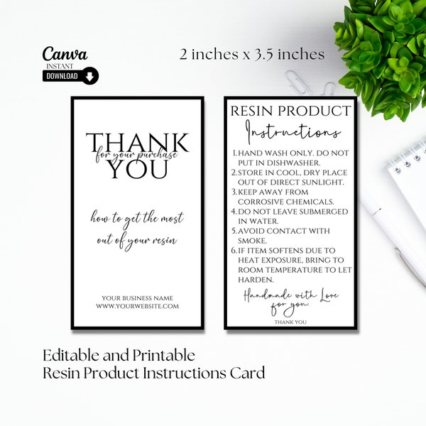 Ready to Print Resin Care Card Template, Editable Resin Care Instructions, Printable Resin Instructions Card, Care Card Packaging Insert