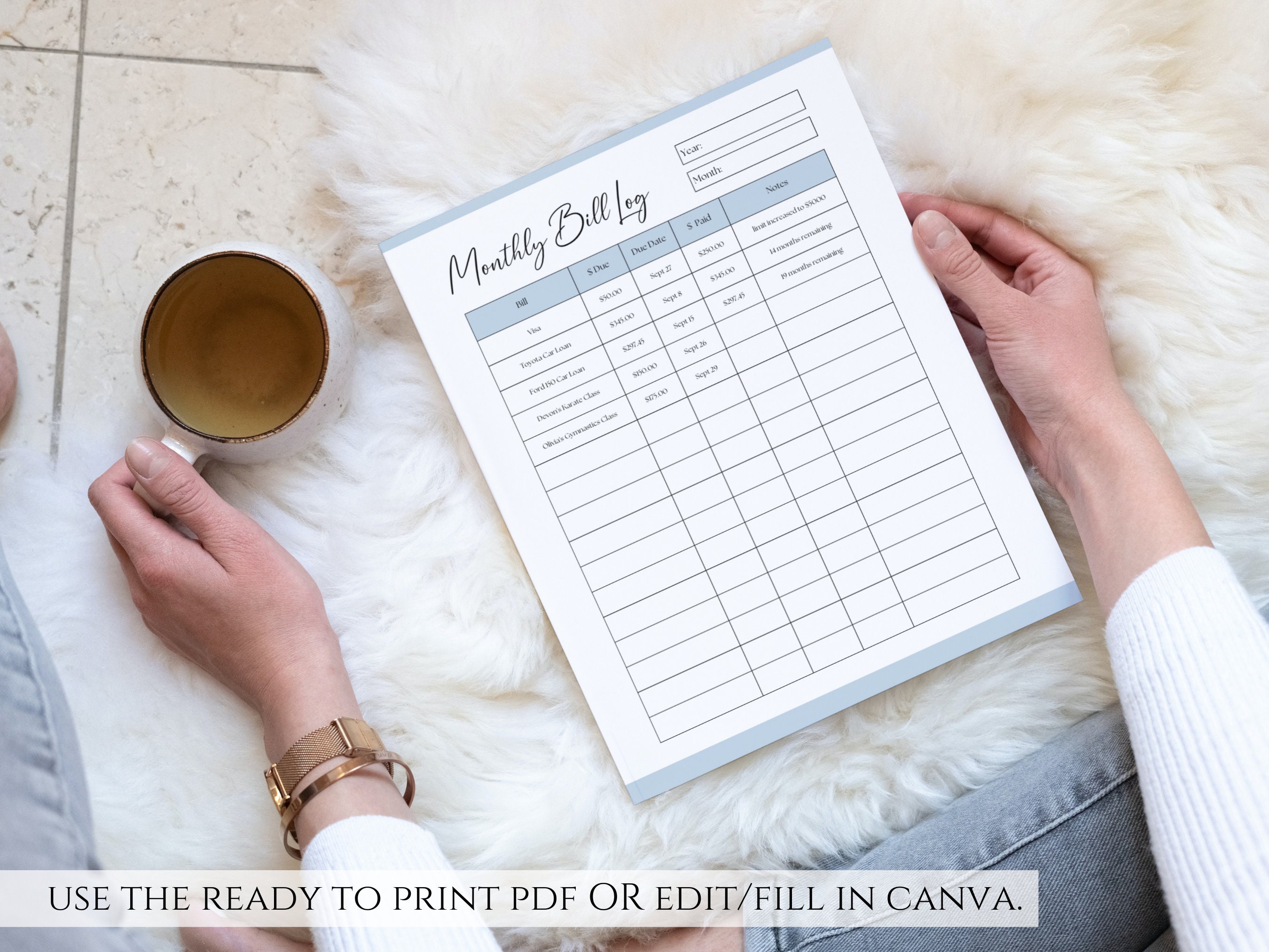 Monthly Bill Tracker Template, Editable Monthly Bill Log, Printable