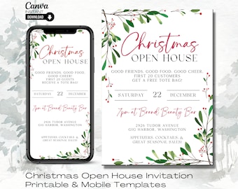 May include: A Christmas Open House invitation template, displayed on a smartphone and a printout. The design features red text and green botanical accents. The invitation includes event details, such as the date, time, and location.