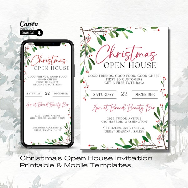 Editable Christmas Open House Invitation Template, Printable Small Business Xmas Open Houses Invite, Holiday Open House Evite, Canva