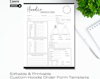 Editable Hoodie Order Form Template: Printable Apparel Business Invoice (Canva)