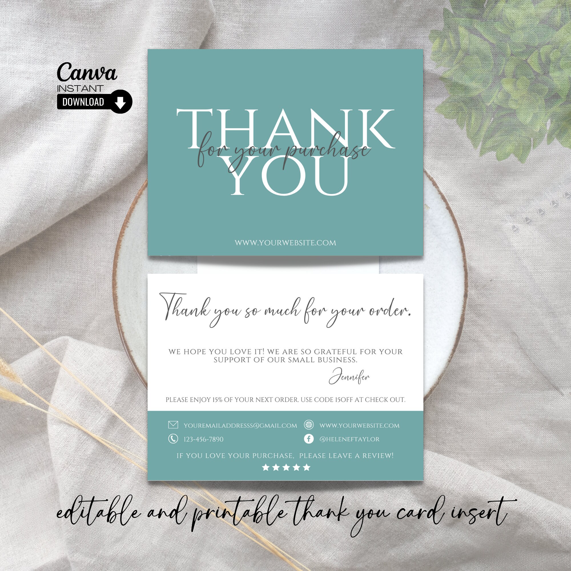 Printable Thank You Card Template, Editable Thank You Card Insert