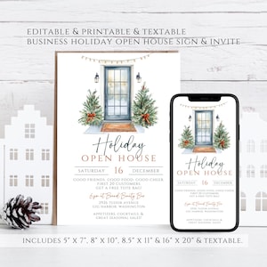 Faire-part de Noël portes ouvertes modifiable : enseigne de table petite entreprise (téléchargement numérique)
