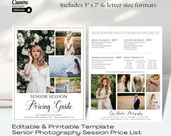 Senior Photography Pricing Guide: Editable Canva Template (5x7 & Letter)
