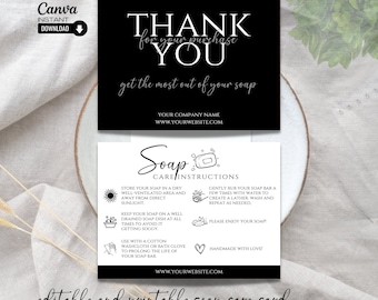 Editable Soap Care Card and Thank You Card Template, Homemade Soap Care Instructions, Printable Soap Bar Instructions Card Packaging Insert