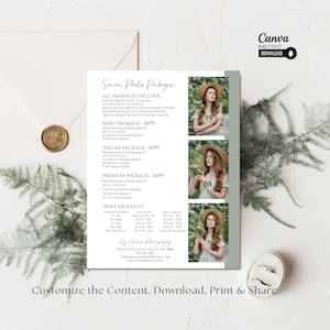 May include: A green and white flyer with a photo of a young woman in a floral dress and a straw hat. The flyer advertises senior photo packages with different pricing options and print products. The text on the flyer includes "Senior Photo Packages", "Basic Package - $499", "Deluxe Package - $599", "Premium Package - $699", "Print Products", "Announcements", "Flat Prints", "Wall Canvas", "Gig Harbor Photography", "1234 Tudor Avenue, Seattle, WA 98801", "123-456-7890", "Customize the Content, Download, Print & Share", and "Canva Instant Download".