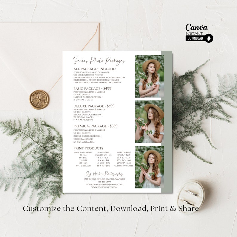 May include: A green and white flyer with a photo of a young woman in a floral dress and a straw hat. The flyer advertises senior photo packages with different pricing options and print products. The text on the flyer includes "Senior Photo Packages", "Basic Package - $499", "Deluxe Package - $599", "Premium Package - $699", "Print Products", "Announcements", "Flat Prints", "Wall Canvas", "Gig Harbor Photography", "1234 Tudor Avenue, Seattle, WA 98801", "123-456-7890", "Customize the Content, Download, Print & Share", and "Canva Instant Download".