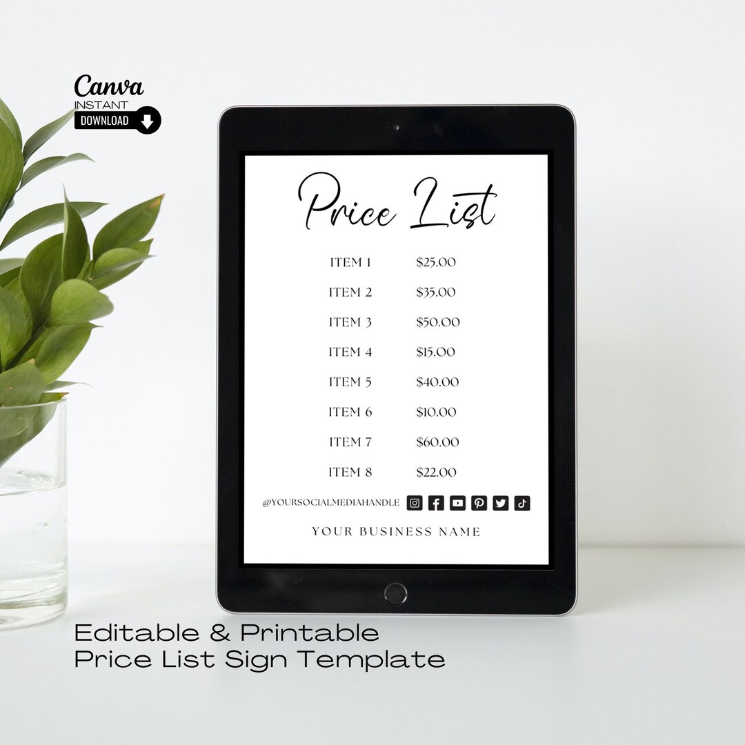 Editable Price List Sign Template, Printable Price List Template, Small ...