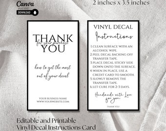 Vinyl Decal Instructions Card: Printable Care Guide (Canva Editable)