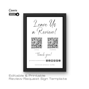 Plantilla editable para dejar una reseña, letrero con código QR para solicitar una reseña, letrero imprimible para dejar una reseña, letrero para pequeñas empresas, letrero para reseñas de empresas