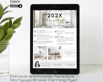 May include: A colorful flyer with a white background and a photo of a woman in the bottom left corner. The flyer is titled "202X Is this your year to become a home owner?" and lists several reasons why it might be a good time to buy a home. The flyer also includes the text "Ask me about your complimentary mortgage consultation."