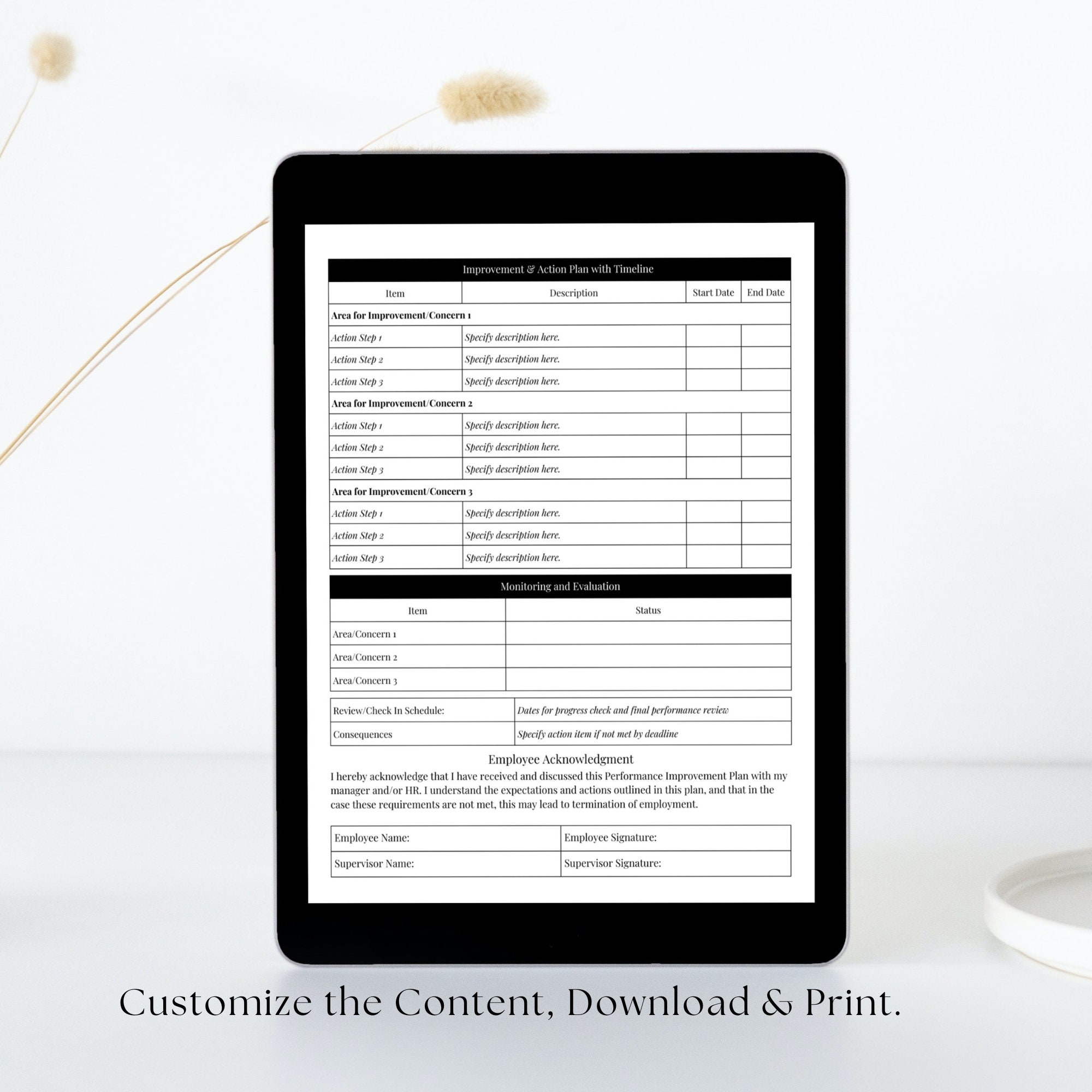 Editable Performance Improvement Plan Template Printable Employee