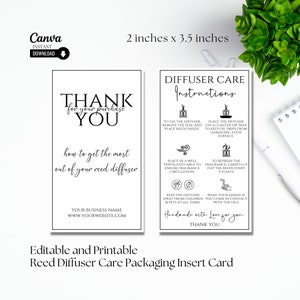 Modelo de cartão de instruções de cuidados com o difusor de palheta editável, folheto de embalagem do difusor de óleo para impressão, difusor de ambiente, Canva, download instantâneo