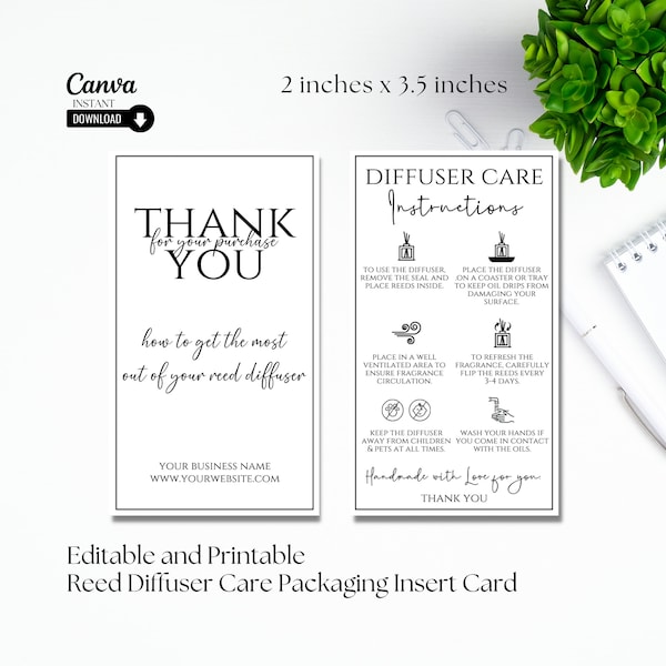 Editable Reed Diffuser Care Instructions Card Template, Printable Oil Diffuser Packaging Insert, Room Diffuser, Canva, Instant Download