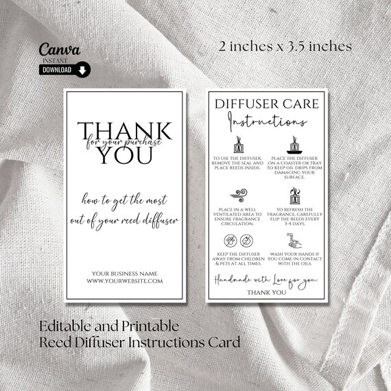 Editable Reed Diffuser Care Instructions Card Template, Printable.