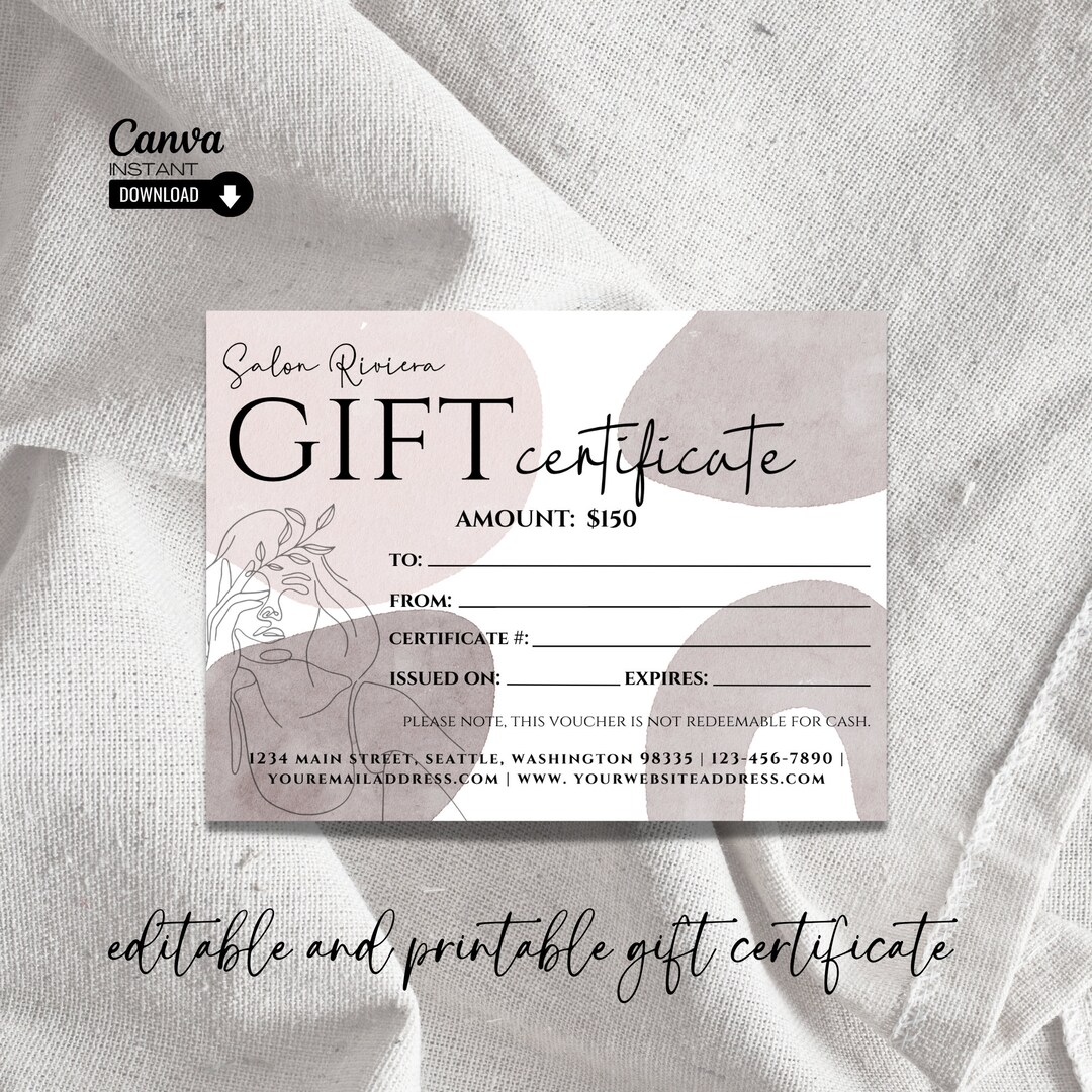 Modern Gift Certificate Template Printable, Editable Gift Card Template