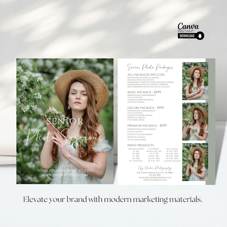 May include: A flyer for senior photo sessions with a green background and a white border. The flyer includes a photo of a woman in a straw hat and a floral dress. The text on the flyer reads "Senior Photo Sessions" and includes pricing for different packages. The flyer also includes a list of print products available.