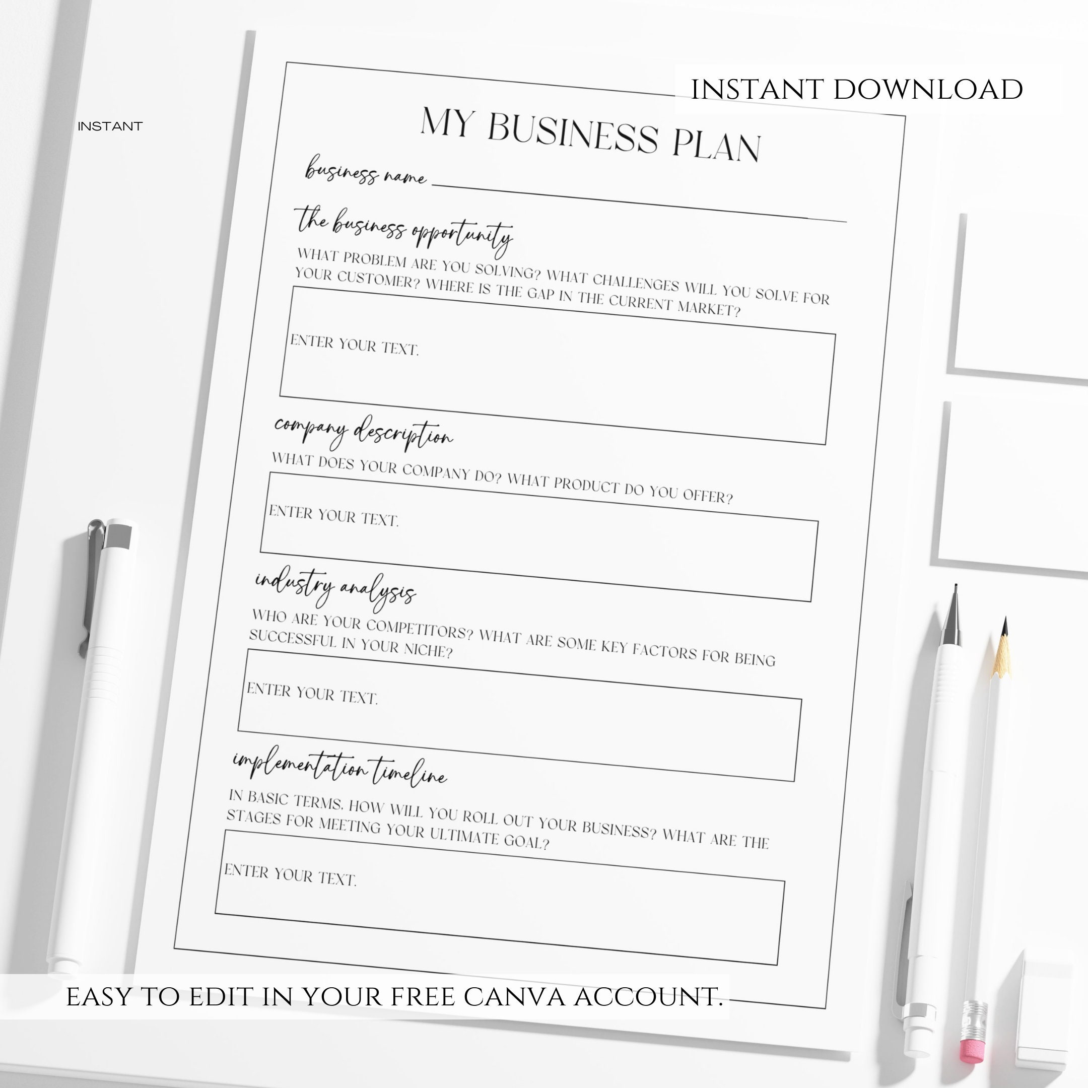 Editable One Page Business Plan Template Printable Small Etsy