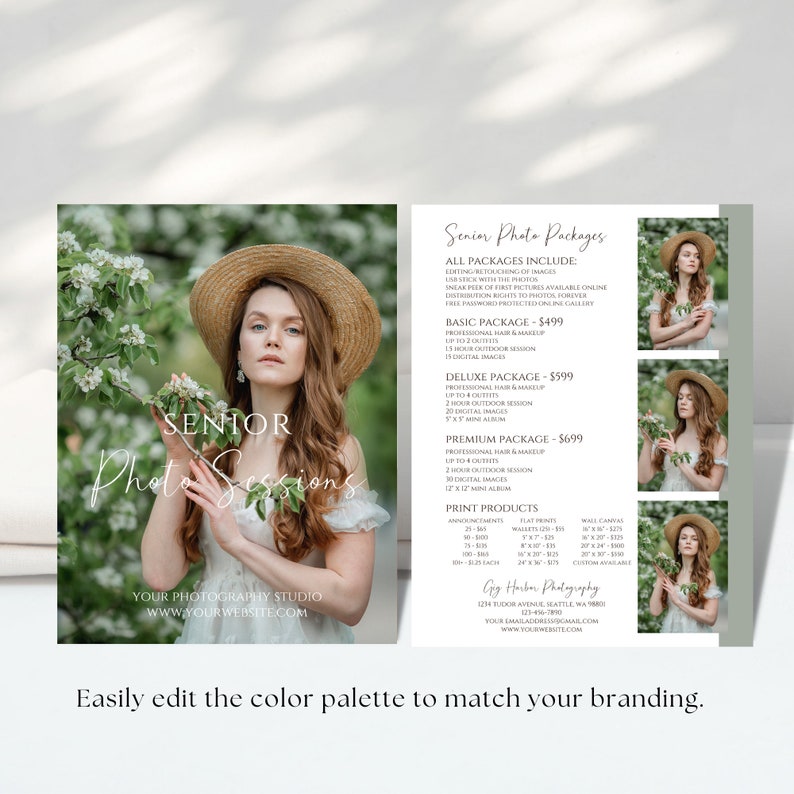 May include: A green and white flyer with a photo of a woman in a white dress and a straw hat. The flyer advertises senior photo sessions with different package options and prices. The text includes "Senior Photo Sessions", "Basic Package", "Deluxe Package", "Premium Package", and "Print Products".