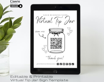 Bewerkbaar bord met QR-code voor virtuele tippot: sjabloon voor kleine bedrijven (digitale download)