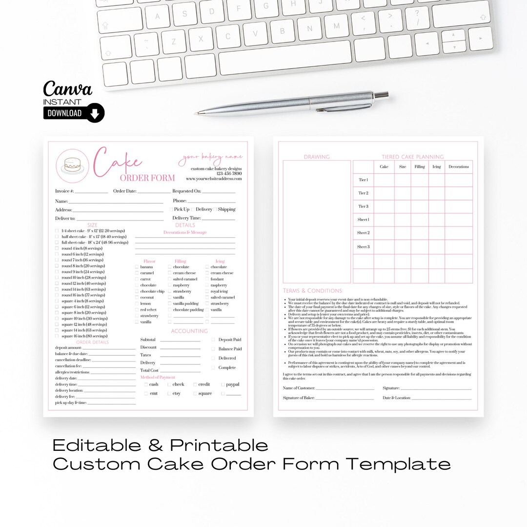Editable Bakery Cake Order Form: Custom Invoice Template (printable ...