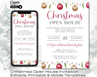 May include: A printable Christmas open house invitation template with a red and gold watercolor design. The invitation features a festive garland with ornaments and lights. The text reads "Christmas Open House" and includes the date, time, and location of the event.  Editable, Printable & Mobile Templates.