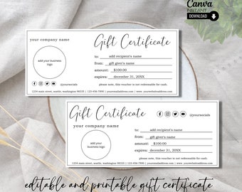 May include: A black and white printable gift certificate template with the text "Gift Certificate" and placeholders for the company name, recipient's name, gift giver's name, amount, and expiration date. The template also includes social media icons and contact information.