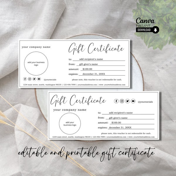 Editable Gift Voucher, Printable Gift Certificate Canva Template, Small Business Gift Card with Logo, DIY Gift Certificate, Coupon Template