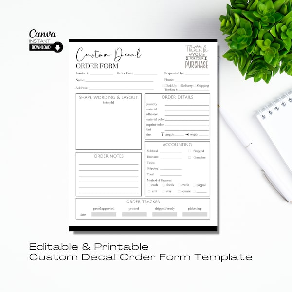 Editable Decal Order Form Template, Custom Decal Form, Printable Vinyl Decal Order Form, Decal Work Order, Instant Download, Canva Template