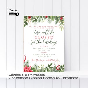 Sjabloon bewerkbaar bord met openingstijden kerstwinkel, afdrukbare openingstijden kerstwinkel, bordje deuropening kerst, kerstopeningstijden, kleine bedrijven