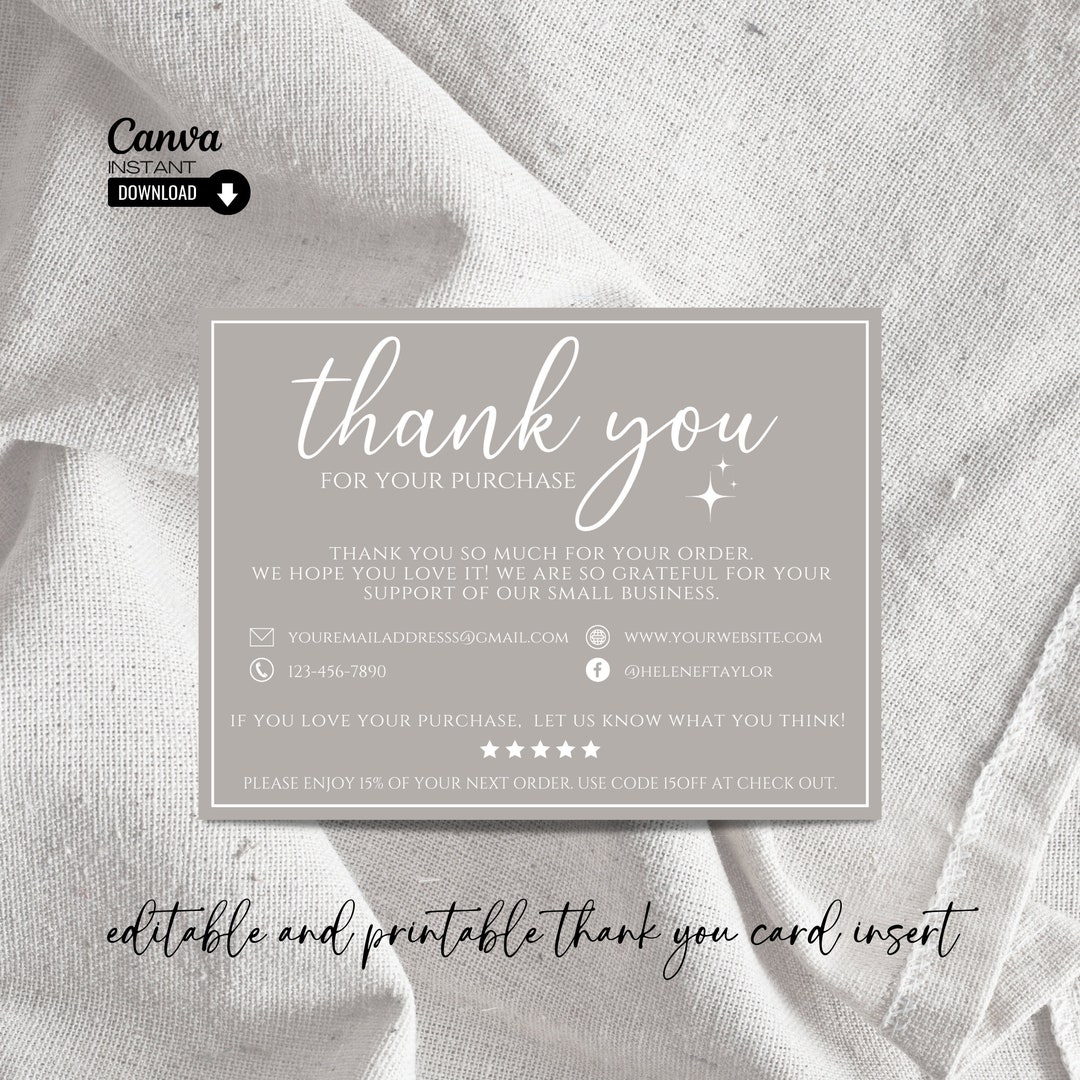 Printable Thank You Card Template, Editable Thank You Card Insert ...