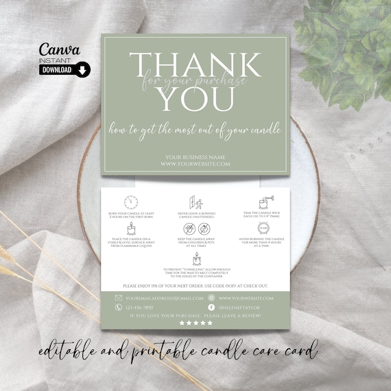 Editable Candle Care Card Template: Printable Instructions (Canva)