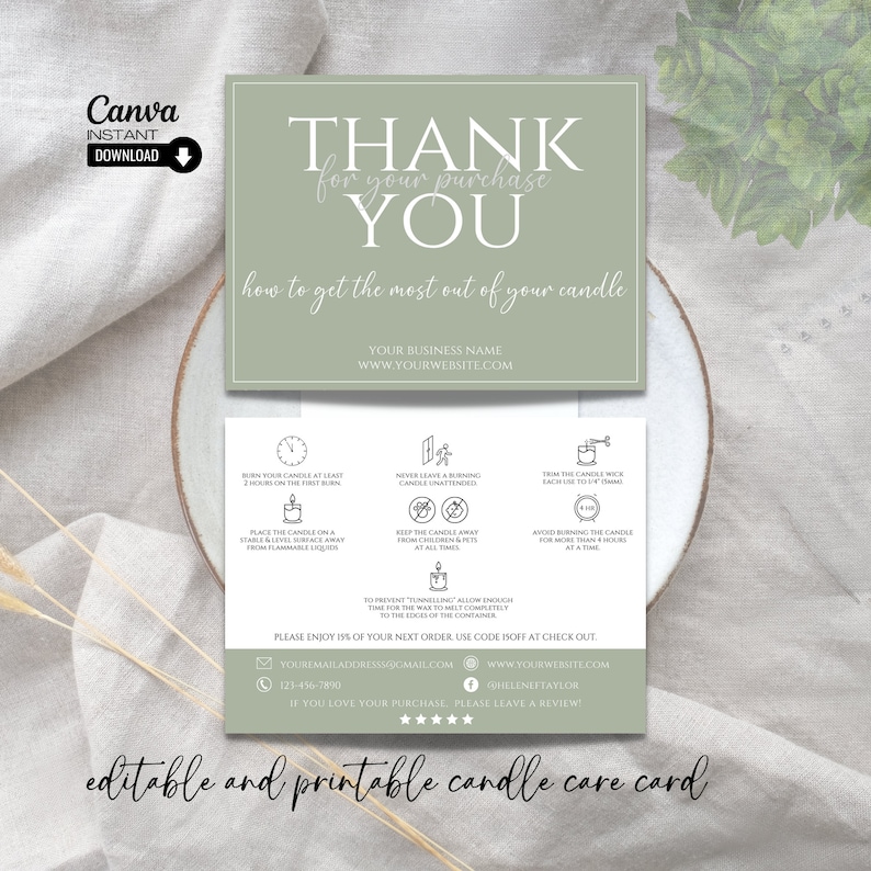 Editable Candle Care Card Template: Printable Instructions (Canva) image 1