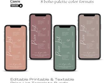 Modelo de Lista de Preços para Salão Boho: Guia de Preços Editável e Imprimível