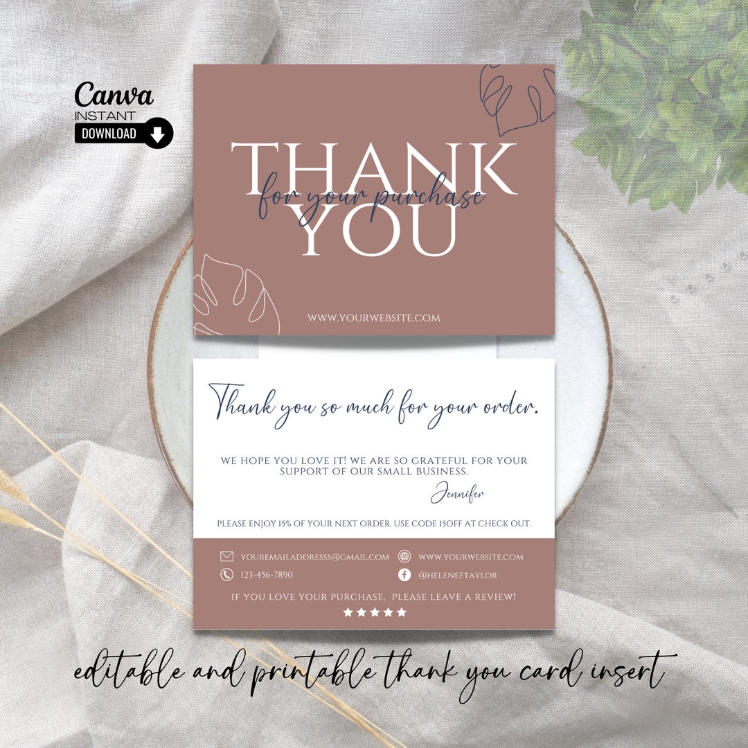 Printable Thank You Card Template, Editable Thank You Card Insert