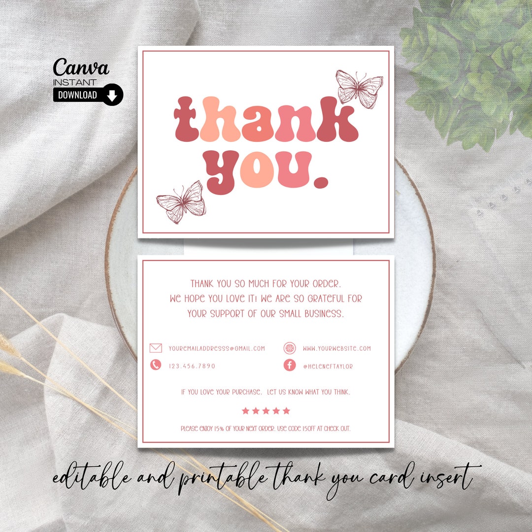 Printable Thank You Card Template, Editable Thank You Card Insert ...