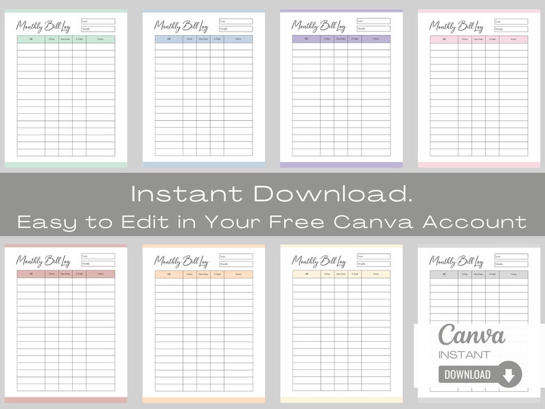 Monthly Bill Tracker Template, Editable Monthly Bill Log, Printable ...