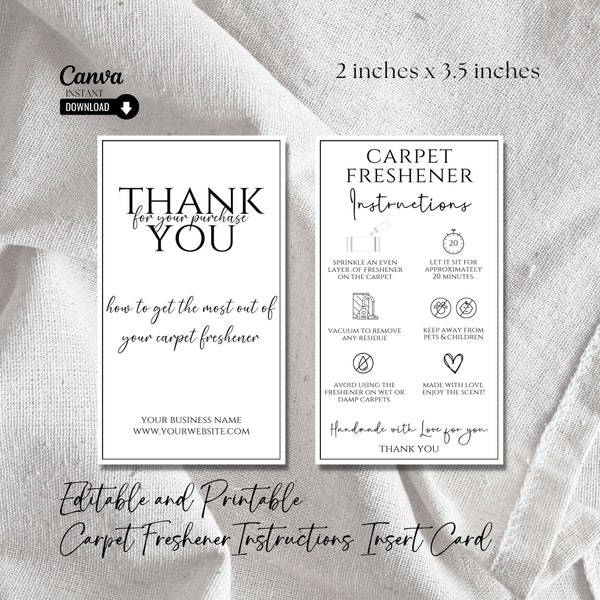 Editable Carpet Freshener Care Card Template, Printable Rug Scented Powder Care Card, Carpet Deodorizer User Guide, Small Business Marketing